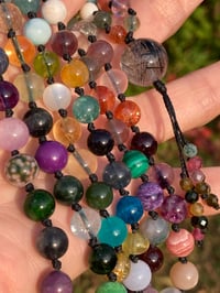 Image 1 of Rainbow Gemstone Hand Knotted Necklace with Tourmalinated Quartz Focal Bead and Rainbow Tassel