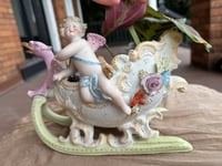 Image 1 of Prayer Plant in Vintage Heubach Porcelain Cherub Planter