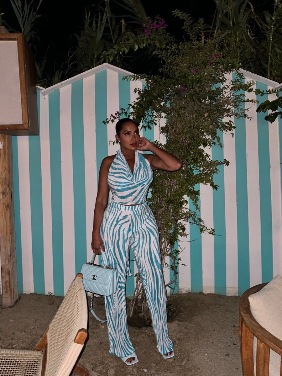 Image of AQUA ABSTRACT ZEBRA PLISSE PANT SET (S) 