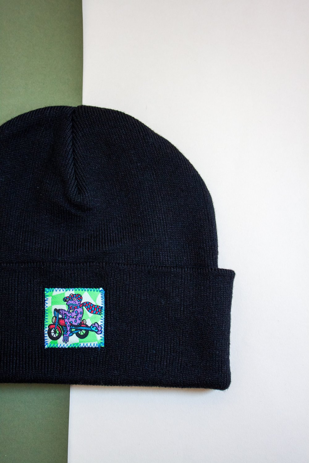 Image of Black Biker Frog  Cuffed Beanie