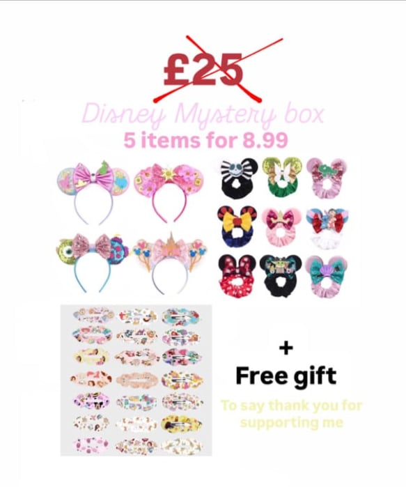 Image of Closing Mystery Disney box ( ears , scrunchie , 2 clips & one free gift ((dispatch date 21st Oct )