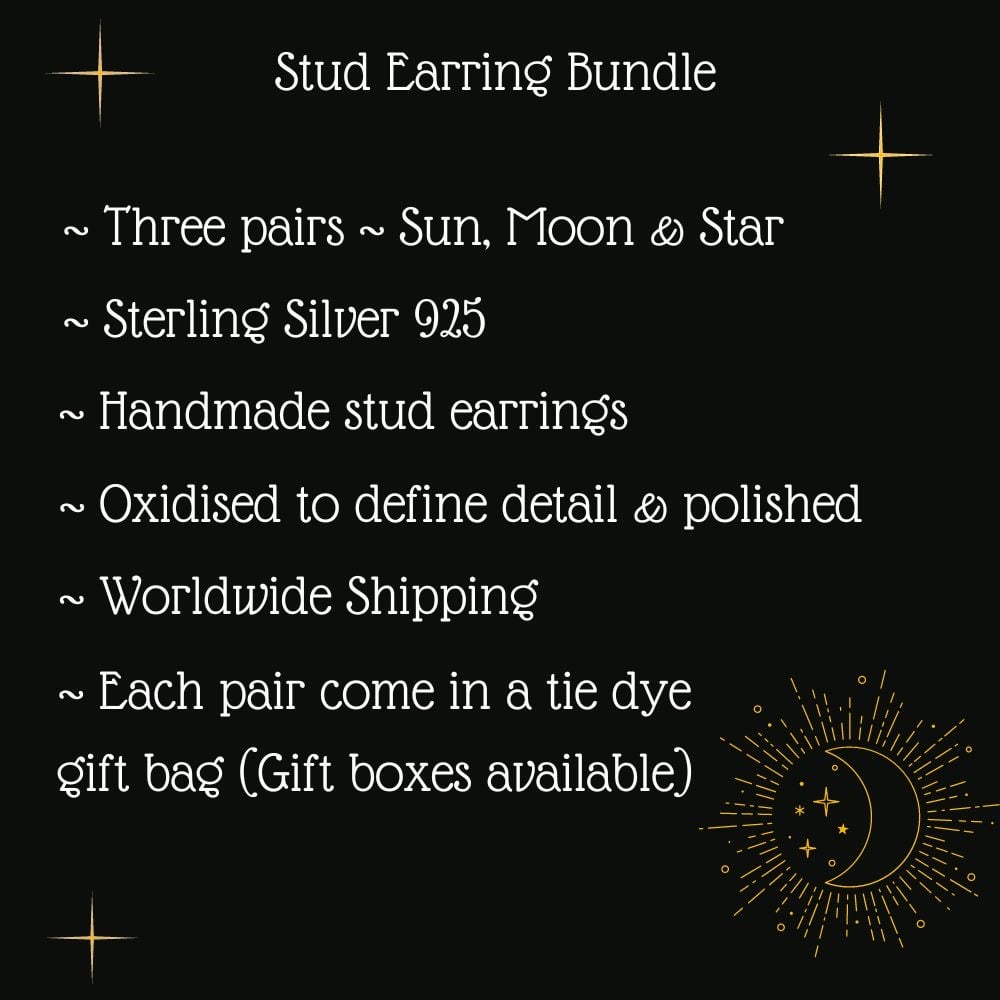 Three Pairs Of Silver Studs - Star, Moon & Sun Bundle