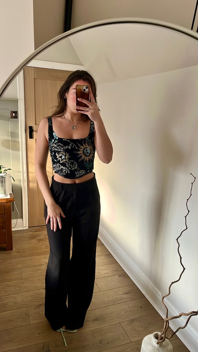 The Universe corset. Heavily embellished cosmic, star, sun and moon sequin corset in Black