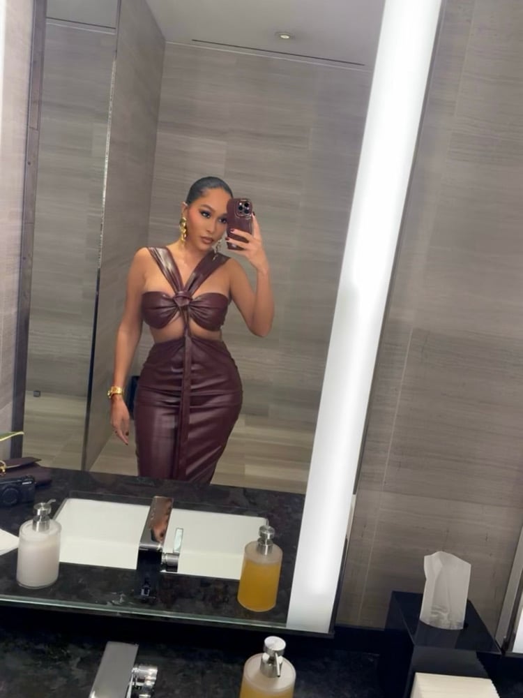 Image of BURGUNDY FAUX LEATHER CUTOUT MIDI DRESS (S/M)