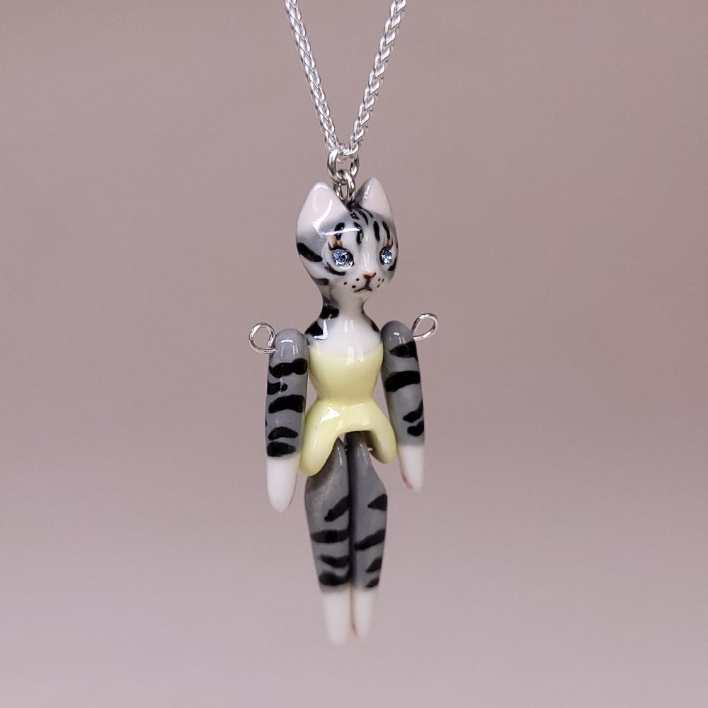 Image of Grey Tabby Porcelain & Sterling Silver Articulated Doll Pendant