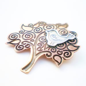 Image of Folklore Silver Bird and Copper Tree Brooch