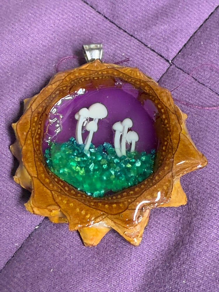 Image of Mushroom Forest Pinecone Charm with Crushed Glass Base | Handmade PNW Resin Jewelry | #106