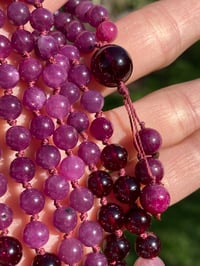 Image 1 of Ruby Mala with Purple Garnet and Madagascar Rose Quartz, Ruby 108 Bead Japa Mala