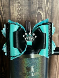 Image 1 of Black and Teal Crown Tumbler Straw Topper Bow