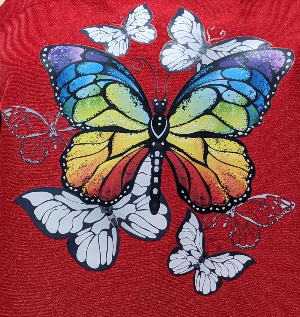 Image of Rainbow Butterfly and Flowers Apron (red)