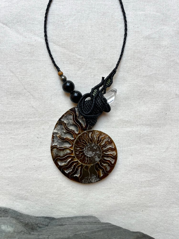 Image of Macrame necklace with ammonite and clear quartz 