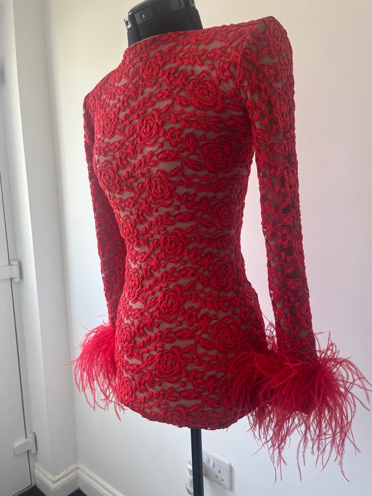 Image of Red lace mini dress with ostrich feather cuffs size 6 