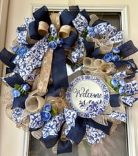 Image 4 of Welcome Blue and Burlap Floral Holiday Wreath