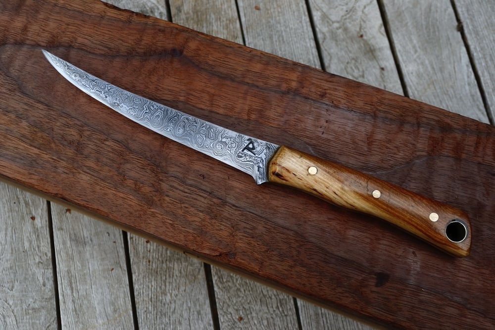 Hand Forged Damascus Bird and Trout Fillet Knife / Red Forgeworks