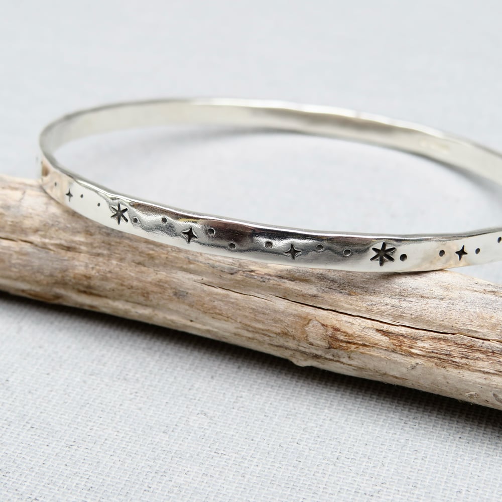 Celestial Sterling Silver Hand Stamped Stars And Dots Bangle 925
