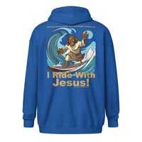 Image 1 of I Ride With Jesus Surfing Dark Unisex heavy blend zip hoodie