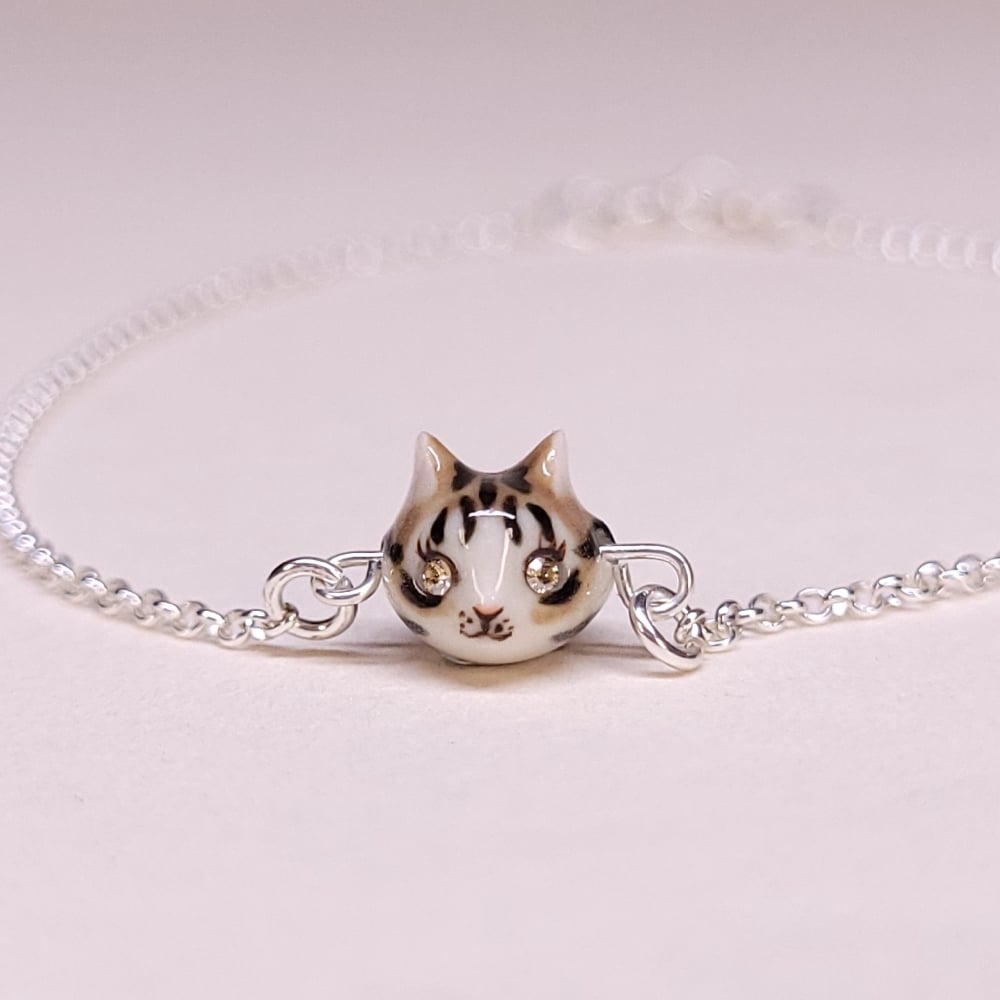 Image of Teeny Tiny Brown Tabby Porcelain & Sterling Silver Charm Bracelet