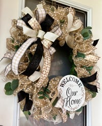 Image 4 of Welcome to Our Home Burlap Wreath - Neutral Gold & Black