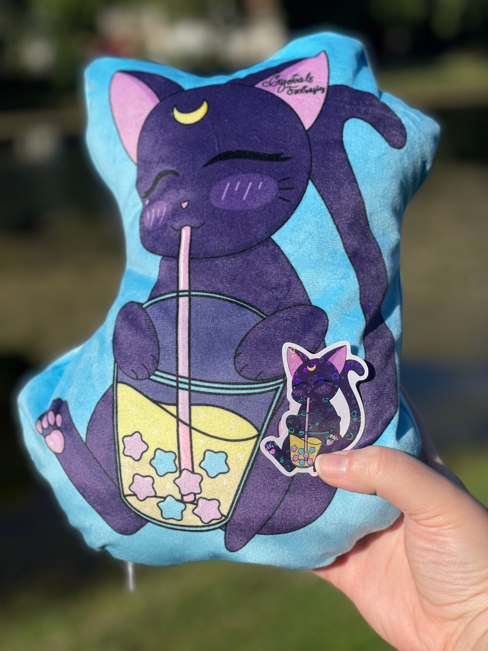 Image of Black Kitty Drinking Boba Plush Pillow & Acrylic Keychain