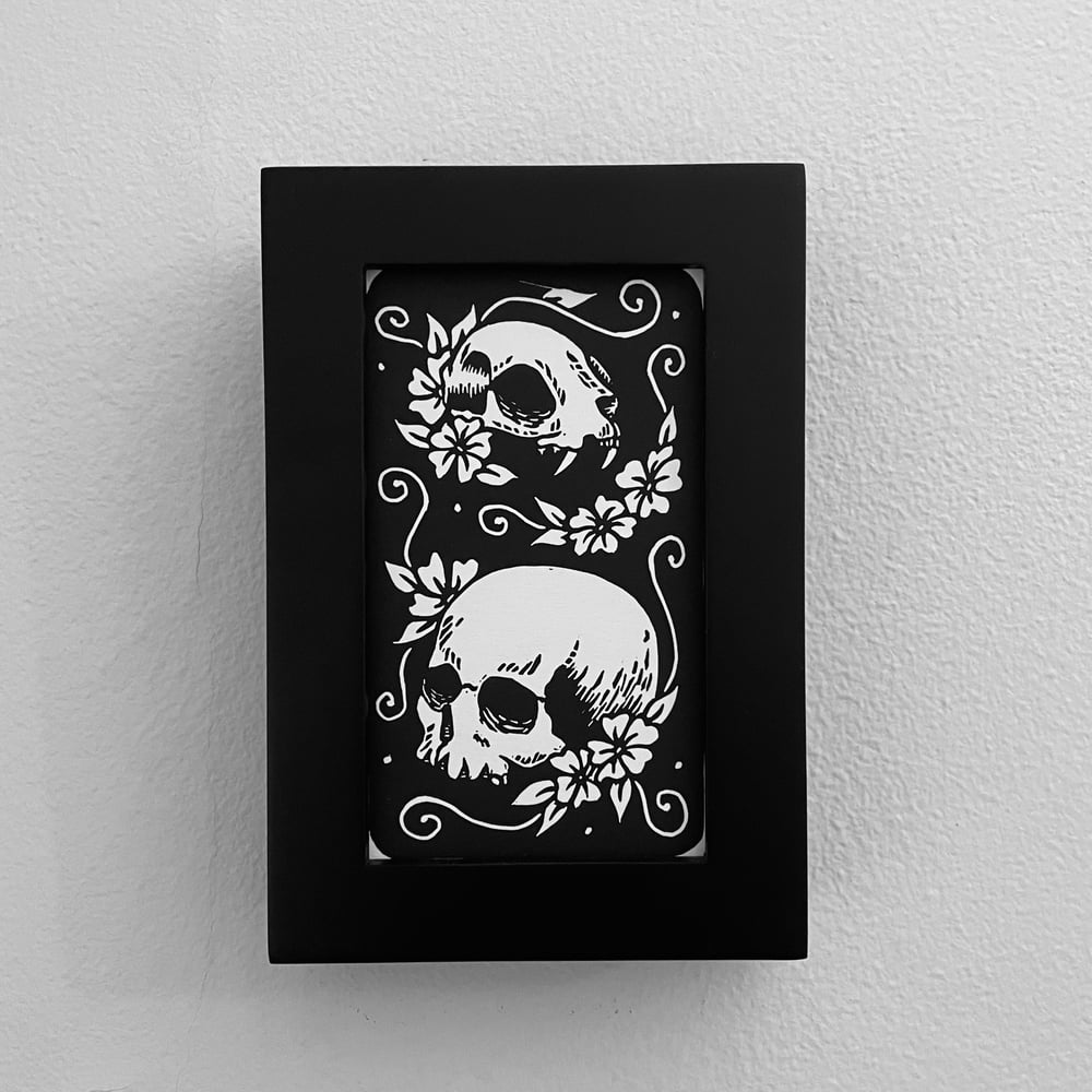 Human And Cat Skull Linocut Print