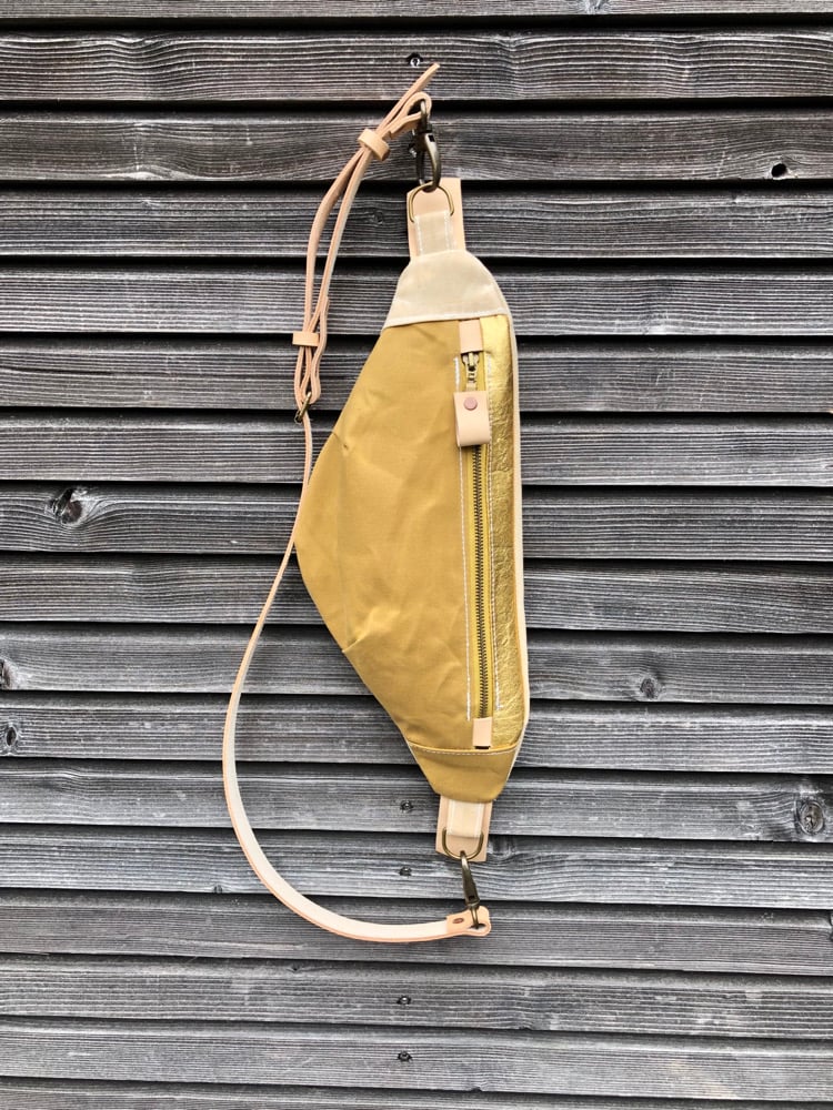 Image of Fanny pack in waxed canvas and pinatex / chest bag / day bag/ with leather shoulder strap