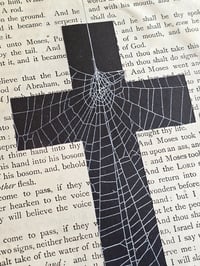 Image 2 of " 2 way Crucifix" 1800's bible page with preserved spider web 3