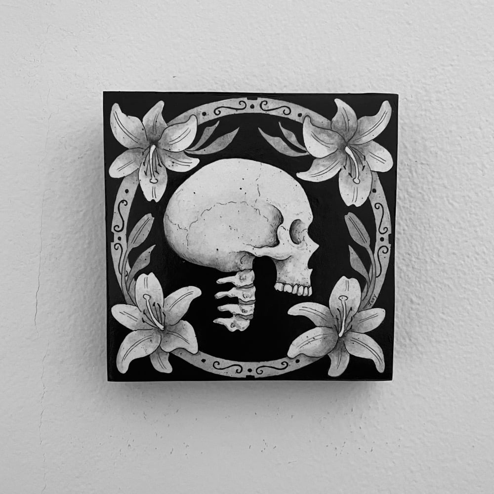 Skull and Lilies Original Ink And Watercolor On Panel