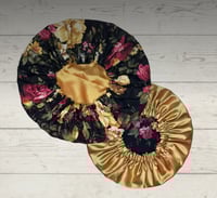 Black & Gold Floral (Lined) Satin Bonnet