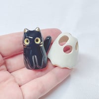 Image 3 of Glow In Dark Black Cat With Ghost Mask Ceramic Figurine 2