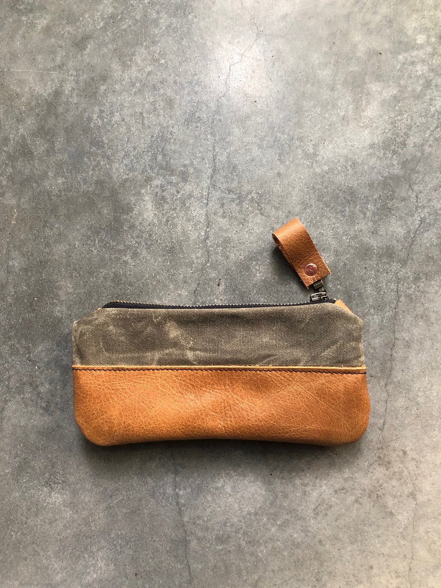 Image of pencil case made from field tan waxed canvas and oiled leather
