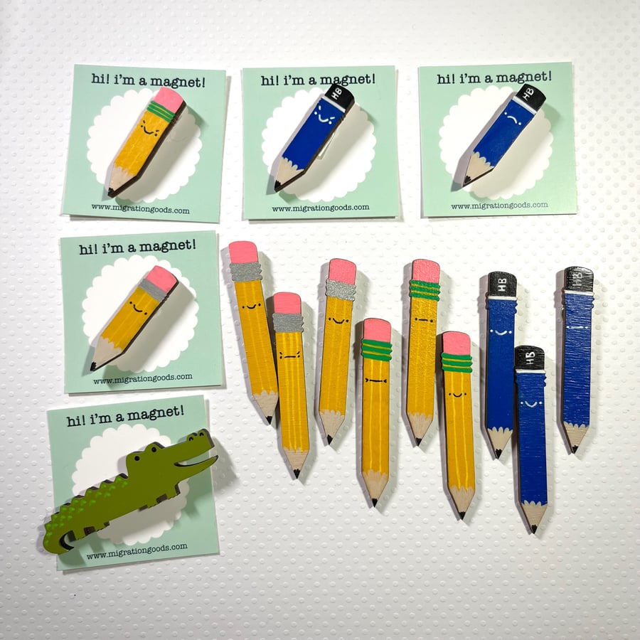 Image of handpainted wooden magnets -- pencils! oh, and an alligator