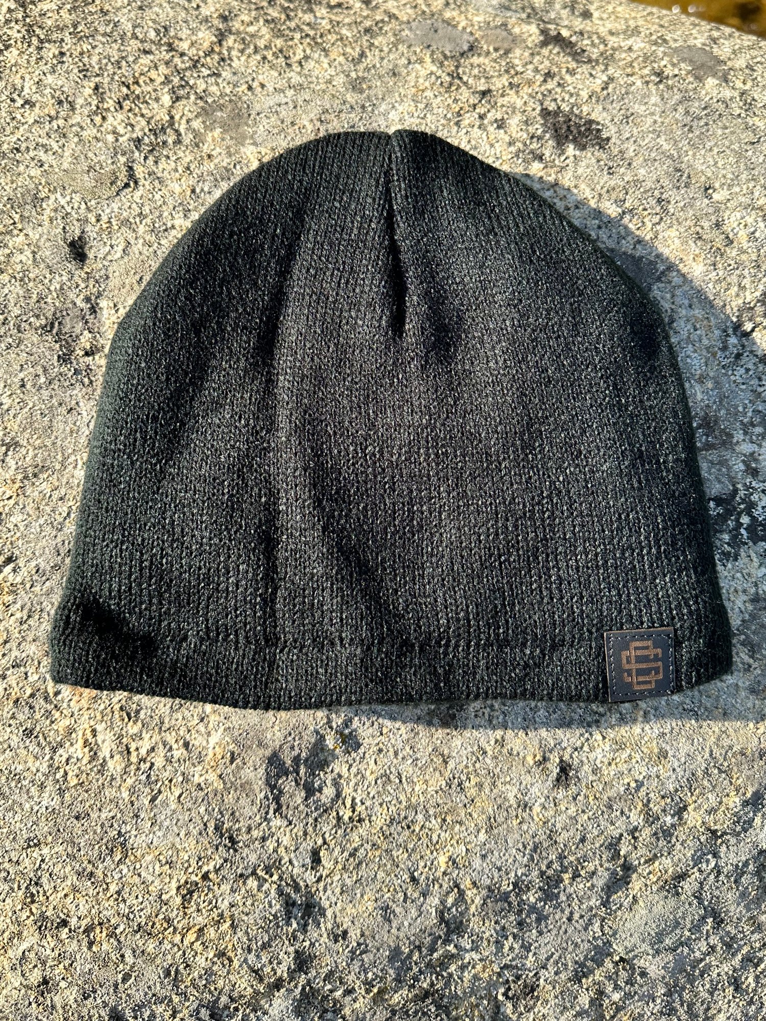 Black Fleece-Lined Beanie Cap with Black leather patch 