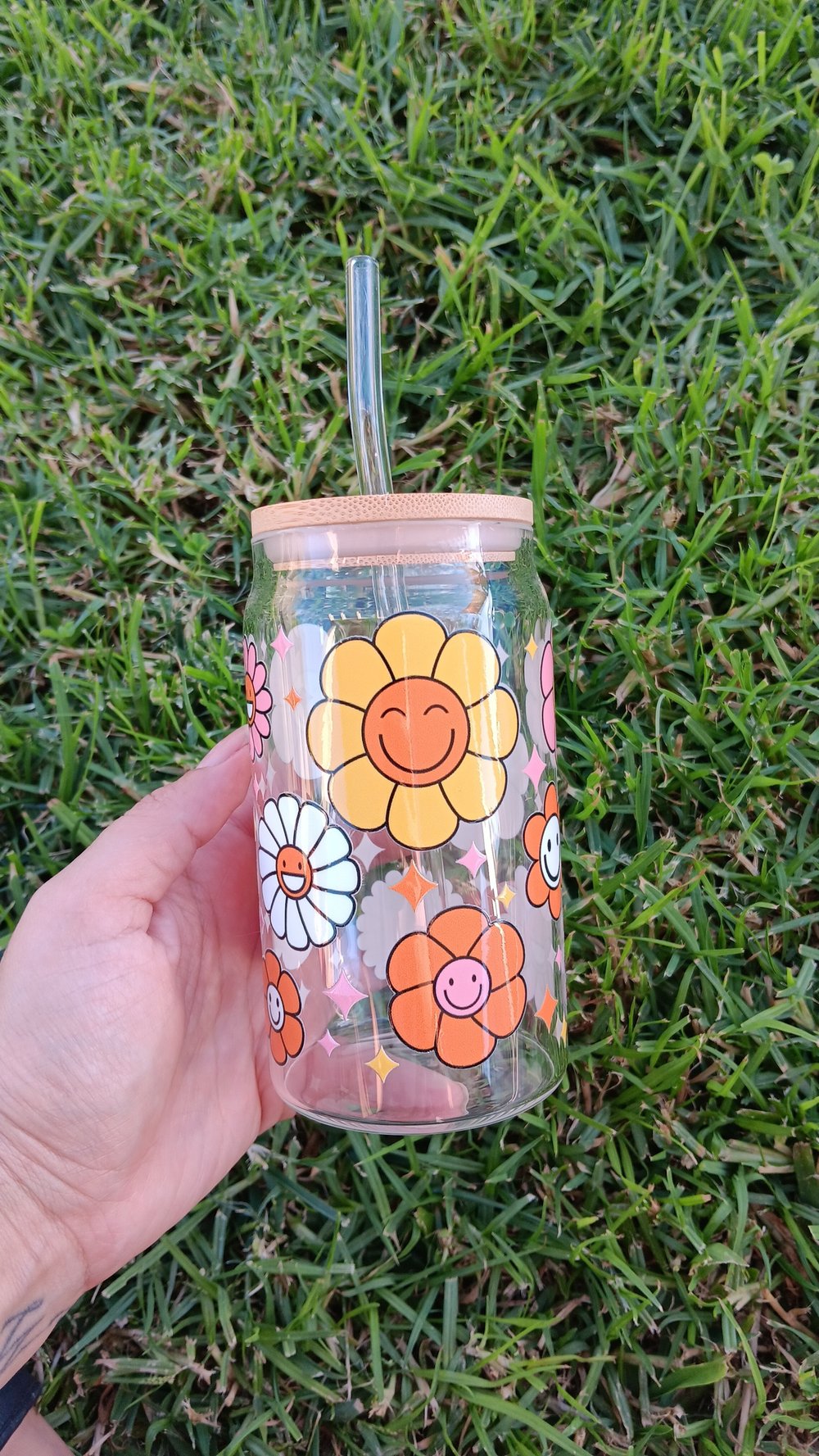 Image of Groovy flowers glass can READY TO SHIP