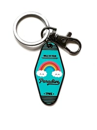 Image 1 of Rainbow Paradise Motel Keychain – Retro Acrylic Key Tag, Cloud & Rainbow Charm, Colorful TPWK