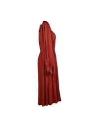 Image 2 of Rust Red Mock Neck Smocked Bodice Pleated Midi Dress – Long Sleeve Boho Fall Dress Size Small NWOT
