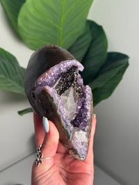 Image 13 of AMETHYST ON A CUSTOM STAND WITH A PERFECT SUGAR COATED CALCITE POINT -URUGUAY-