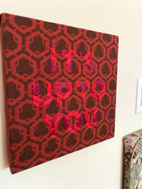 Image 3 of Original Secret Word Embroidery Artwork - “IT’S UP TO YOU” (Red Geometric Tapestry)