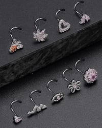 Image 1 of 16Pcs Nose Stud Rings Screw Shaped Nose Ring Flower Snake Butterfly Heart Eye CZ Dangle Nose Rings S