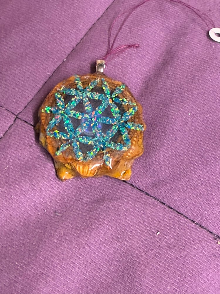Image of Fire Opal with Crushed Opal Flower of Life Background Charm | PNW Handcrafted Jewelry | #133