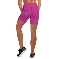 Image 3 of BOSSFITTED Solid Pink Yoga Shorts w/ Purple and Blue Writing
