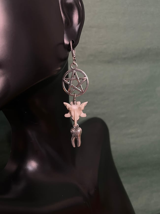 Pentacle + Silver Tooth Vertebrae Earrings 