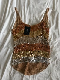 Image 2 of Vintage Y2K gold bronze and silver sequin asymmetrical hem crochet cami 