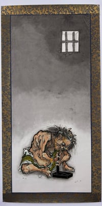 Image 1 of “The apprentice” original painting with hand mounted brocade boarder 