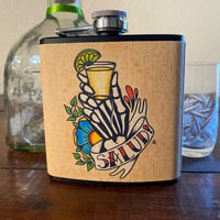 Image 1 of “Salud!” Tequila Flask Day of the Dead Hand 6 Oz