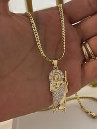 Image 3 of 14k EP 18” 3mm Cuban Chain With Iced Out San Judas Pendant Chain Set