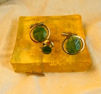 Image 4 of 1060's Destino Cuff Links and Tie Tack set, Gold & Green Stone