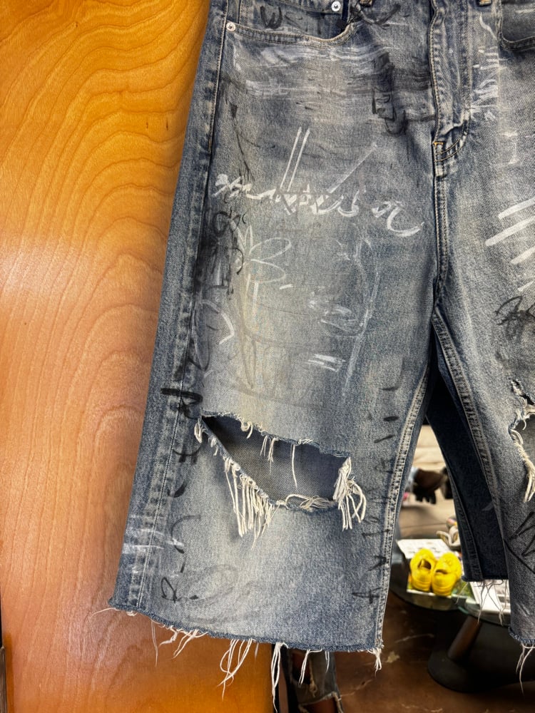 Image of Balenciaga 2023 Graffiti Denim Shorts