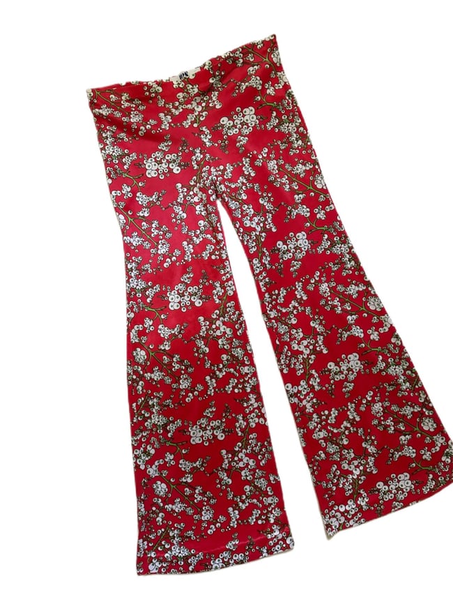 70s currant print slinky trousers