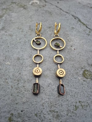 Long earrings with bullet casings and green stones 