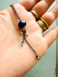 Image 13 of faceted lapis pendant with Kingman turquoise and pearl fringe